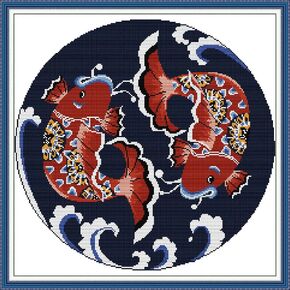 Amiiba Stamped Cross Stitch Kits, Bagua Auspicious Koi Carp Wave Map DIY 11CT 23.6x23.6 inch (Carp)