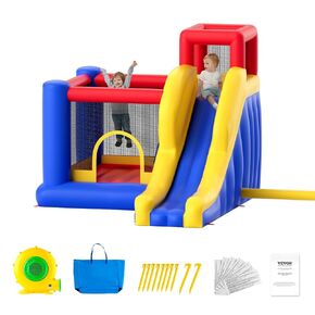 Vevor Play House for Kids تتراوح أعمارهم بين 4-8 سنوات ، ملعب داخلي للأطفال ، منزل ترتد مع شريحة ، منفاخ وسعة التخزين ، هدايا حفلة عيد ميلاد العائلة للبنين ، 134x102x91 بوصة