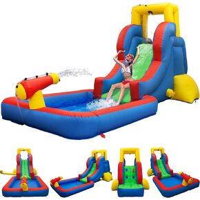 Picassotiles KC108 حديقة شريحة المياه منزل قابلة للنفخ منزل ث/منطقة حمام السباحة (منطقة دفقة) ، جدار التسلق ، وتبادل الرؤوس رأس الدش ، ماء مدفع الجبل ، GFCI ETL المعتمد 385W معتمد