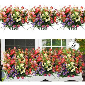 Artificial Plants Flowers Outdoors, Spring, Summer Decoration, UV Resistant Faux Fake Silk Flower Looks Real for Planter, Pot, Porch, Garden, Outdoors,Home Decoration(12 Bundles, Mix-Color)