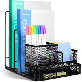 All-in-1 Desk Organizer with File Holder, Detachable File Organizer with Pen Holder& Sticky Notes Holder& Drawer, Metal Desk Organizers and Desk Accessories for Office Home School