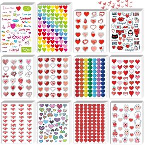 kortes 72-Sheets Valentines Heart Stickers with 12 Different Designs of 3642 pcs, Valentine's Day Stickers Party Supply Classroom Reward for Kids, Pack 03