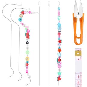 8 Pcs Curved Beading Needles for Jewelry Making Bead Spinner Needles Big Eye Stainless Bead Needles for Crafts Bracelets Necklaces, 1 Sewing Scissor Yarn Thread Scissor, 1 Sewing Tape