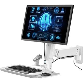 Mount Plus Med02 Medical Wall Mount Workstation مع علبة لوحة المفاتيح القابلة للطي | لوحة الماوس انزلاق كبيرة | مساحة ضبط الارتفاع حفظ تصميم طي لشاشة 17 "-35" | حامل الماسح الضوئي