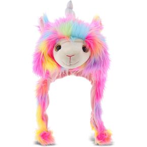 DolliBu Rainbow Llamacorn Plush Hat - Super Soft Warm Hat with Ear Flaps, Funny Plush Party Crazy Hat, Stuffed Llama Unicorn Halloween Costume Hat, Cozy Fleece Winter Hat for Kids & Teens - One Size
