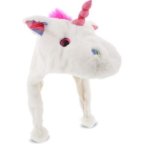 DolliBu White Unicorn Plush Hat - Super Soft Warm Hat with Ear Flaps, Funny Plush Party Crazy Hat, Stuffed Animal Horse Halloween Costume Toy Hat, Cozy Fleece Winter Hat for Kids & Teens - One Size