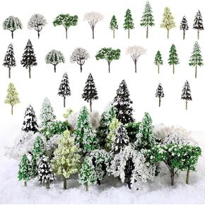 28 Pcs Miniature Model Trees for Diorama Mini Tiny Snowy Tree Figurine Winter Small Trees for Villages, Craft, Model Train Scenery Accessories