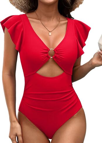 SOCIALA Ruffle One Piece Swimsuit Women O-Ring Cutout Bathing Suit Sexy Monokini Swimwear S-XL in Saudi Arabia