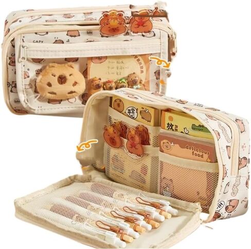 Flip Top Pencil Case Cute Pencil Pouch with Kawaii Capybara Decors Makeup Bag Aesthetic Pen Holder Office Stationery (Brown) in Saudi Arabia