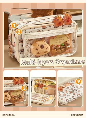 Flip Top Pencil Case Cute Pencil Pouch with Kawaii Capybara Decors Makeup Bag Aesthetic Pen Holder Office Stationery (Brown) in Saudi Arabia