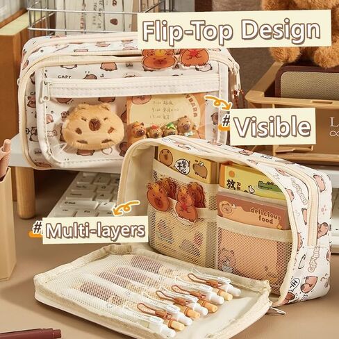 Flip Top Pencil Case Cute Pencil Pouch with Kawaii Capybara Decors Makeup Bag Aesthetic Pen Holder Office Stationery (Brown) in Saudi Arabia