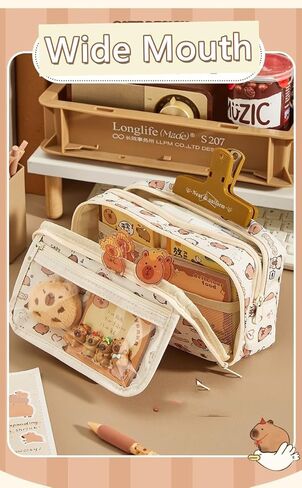 Flip Top Pencil Case Cute Pencil Pouch with Kawaii Capybara Decors Makeup Bag Aesthetic Pen Holder Office Stationery (Brown) in Saudi Arabia