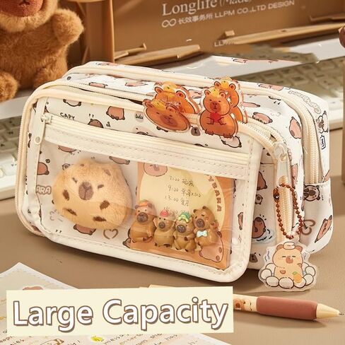 Flip Top Pencil Case Cute Pencil Pouch with Kawaii Capybara Decors Makeup Bag Aesthetic Pen Holder Office Stationery (Brown) in Saudi Arabia