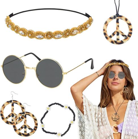 6PCS Hippie Costume Accessories Set, 60s70s Retro Hippie Glasses Peace Sign Earrings and Necklace Sunflower Hair Band in Saudi Arabia