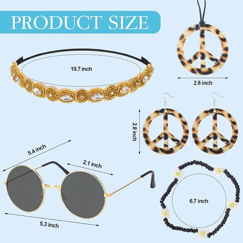 6PCS Hippie Costume Accessories Set, 60s70s Retro Hippie Glasses Peace Sign Earrings and Necklace Sunflower Hair Band in Saudi Arabia
