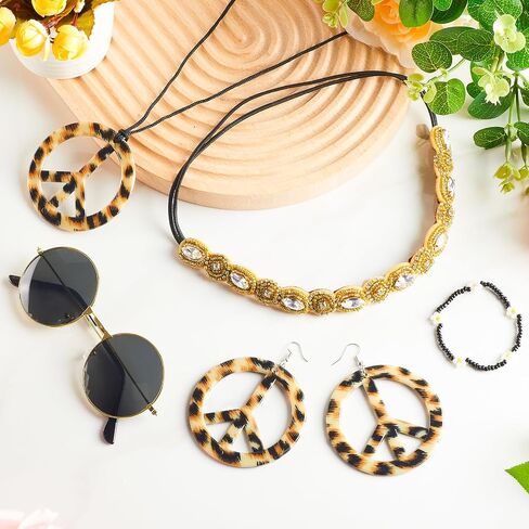 6PCS Hippie Costume Accessories Set, 60s70s Retro Hippie Glasses Peace Sign Earrings and Necklace Sunflower Hair Band in Saudi Arabia
