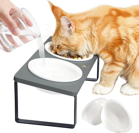 Sunhoo Elevated Cat Bowls for Indoor Cats Ceramic Kitty Dish Food Water Raised Tilted Puppy Feeding Sation with 4 Dishes Wooden Stand Pet Feeder Metal Legs Orthopedic Anti Vomiting（Brown） in Kuwait