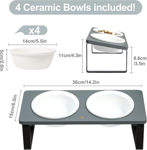 Sunhoo Elevated Cat Bowls for Indoor Cats Ceramic Kitty Dish Food Water Raised Tilted Puppy Feeding Sation with 4 Dishes Wooden Stand Pet Feeder Metal Legs Orthopedic Anti Vomiting（Brown） in Kuwait