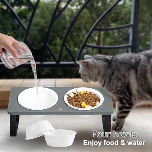 Sunhoo Elevated Cat Bowls for Indoor Cats Ceramic Kitty Dish Food Water Raised Tilted Puppy Feeding Sation with 4 Dishes Wooden Stand Pet Feeder Metal Legs Orthopedic Anti Vomiting（Brown） in Kuwait