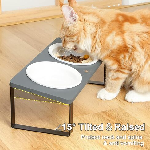 Sunhoo Elevated Cat Bowls for Indoor Cats Ceramic Kitty Dish Food Water Raised Tilted Puppy Feeding Sation with 4 Dishes Wooden Stand Pet Feeder Metal Legs Orthopedic Anti Vomiting（Brown） in Kuwait