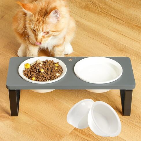 Sunhoo Elevated Cat Bowls for Indoor Cats Ceramic Kitty Dish Food Water Raised Tilted Puppy Feeding Sation with 4 Dishes Wooden Stand Pet Feeder Metal Legs Orthopedic Anti Vomiting（Brown） in Kuwait