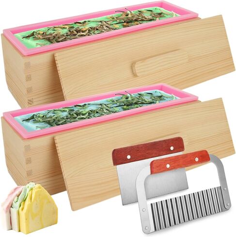 قالب صابون السيليكون للصابون يصنع قالب رغيف مستطيل 42 أوقية مع صناديق خشبية ، متموجة من الفولاذ المقاوم للصدأ وكاشطة مستقيمة لتصنيع الصابون الحرفية محلية الصنع ، وردي in Kuwait