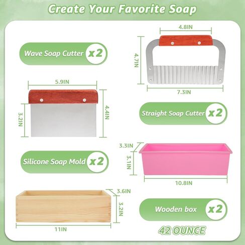 قالب صابون السيليكون للصابون يصنع قالب رغيف مستطيل 42 أوقية مع صناديق خشبية ، متموجة من الفولاذ المقاوم للصدأ وكاشطة مستقيمة لتصنيع الصابون الحرفية محلية الصنع ، وردي in Kuwait