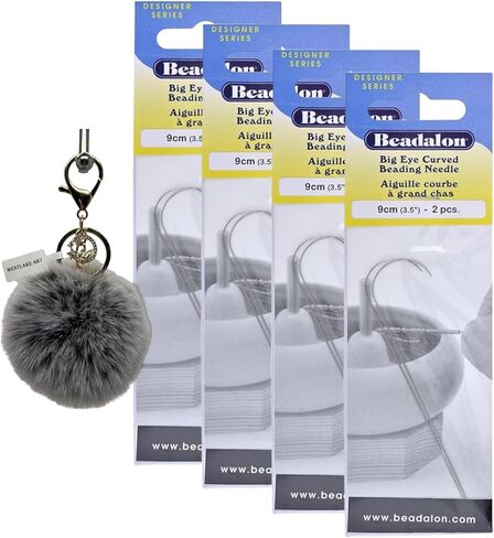 westlake art Beadalon Beading Needles, 0.16 Oz, Big Eye Curved 3.5-Inch Stainless Steel, Bundle with Westlake Pompom Balls Fluffy Keychain, for Jewelry Making, Crafting, Embroidery (Pack of 4) in Saudi Arabia