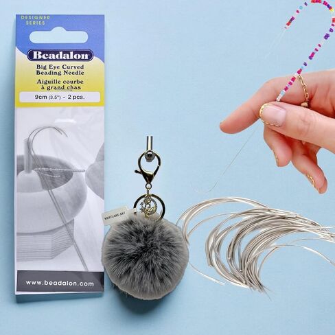 westlake art Beadalon Beading Needles, 0.16 Oz, Big Eye Curved 3.5-Inch Stainless Steel, Bundle with Westlake Pompom Balls Fluffy Keychain, for Jewelry Making, Crafting, Embroidery (Pack of 4) in Saudi Arabia