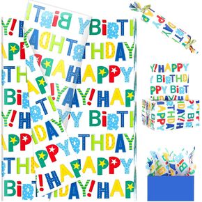100 Sheets Happy Birthday Tissue Paper, 20x14in Colorful Happy Birthday Lettering Festival Gift Wrap Paper for Baby Shower, Birthday Celebration Party Decor Gift Bag Fillers