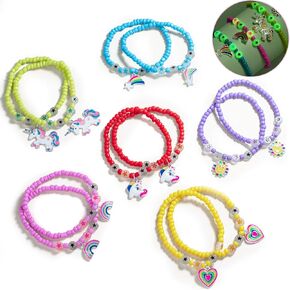 Lorfancy 12Pcs Kids Beaded Bracelets for Girls Glow in The Dark Princess Bracelets Unicorn Rainbow Heart Charm Jewelry Cute Stretchy Friendship Bracelets Party Favors Pretend Play Dress Up Gifts