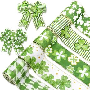 AnyDesign St. Patrick's Day Wired Edge Ribbon 2.5 Inch Green Shamrock Plaid Craft Ribbon Gold Glitter Wired Fabric Ribbon for Spring DIY Bow Wreath Wrapping Supplies, 30 Yards, 5 Rolls