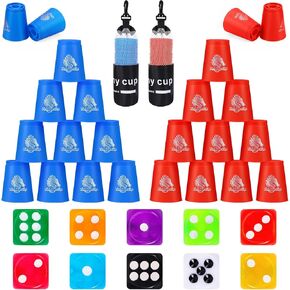 Quick Stacks Cups, 24 Pack of Sports Stacking Cups with 10 Pcs Colored Dice Set Speed Training Game Challenge Competition Party Toy (Blue & Red)