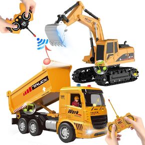 AISYAH Rechargeable Remote Control Dump Truck and Cement Mixer Toy Truck - Construction Vehicles Site for Kids Engineering Toys Playset for Boys Girls, Birthday Gifts for Toddlers