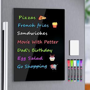 MaxGear Black Acrylic Dry Erase Board with Magnetic Strips,12"x 8" Small Magnetic Whiteboard for Fridge with 5 Markers and 1 Eraser, Refrigerator Grocery List Kitchen Menu Board Memo to Do List