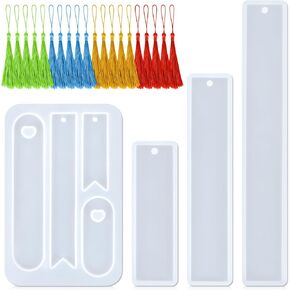 Resin Bookmark Mold - 4 PCS Reusable Multi-Shape Bookmarks Silicone Mold with 20 Pcs Colored Tassels for DIY Bookmarks, Home Decoration, Art, Crafts, Birthday, Holiday, Handmade Gift
