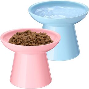 2 Pcs Elevated Cat Bowls Ceramic Raised Cat Bowl for Food and Water 6.2 Inch Extra Wide Cat Food Dish Protect Cat's Spine for Flat Faced Kittens Adult Cat Small Dogs, Pink Blue