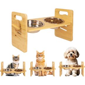 10° Elevated Cat Bowls for Food and Water Set Raised Cat Dishes for Indoor Cats 3 Different Heights Bamboo Cat Feeding Stand Anti Whisker Fatigue for Cats and Puppy (1Pcs Bamboo, 2Bowls)