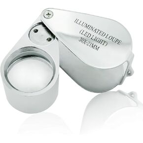 30X Illuminated Jeweler LED UV Lens Loupe Magnifier with Metal Construction and Optical Glass, with Kare and Kind Retail Package (30X x 21 mm, Silver)