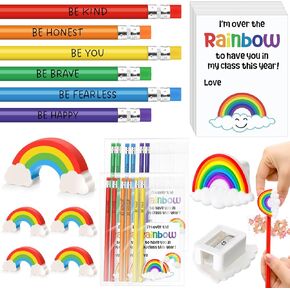 100th Day of School Students Gifts from Teacher Bulk 48 Rainbow Pencils Motivational Sayings 24 Rainbow Pencil Sharpener 24 Cute Eraser 24 Greeting Card with Bag Ties for Classroom Rewards
