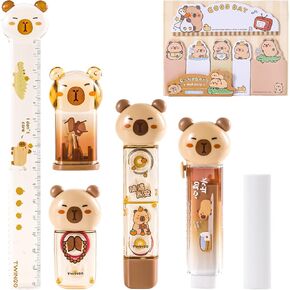 7 Pcs Cute Capybara Stationary Set Kawaii School Supplies Japanese Stationery, Includes Pencil Sharpener, Eraser, Correction Tape, Glue Tape, Sticky Notes, Ruler, for Office School Supplies