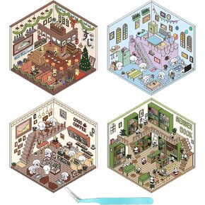 DIY 3D House Stickers 4 Set, DIY 3D Sticker Scene Create Your Ideal Home, Coffee Shop, Bookstore, Apartment, Store, Cute Funny Cartoon Stickers Scenes to Relief Stress for Adult Kids(A)