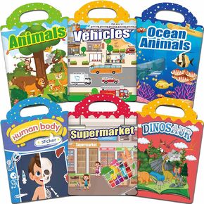 Reusable Sticker Books for Toddlers 1-3, 6 Sets Jelly Sticker Books for Toddlers 2-4 Years, Toddler Travel Toys for Kids 2 3 4 Year Old Girls Boys