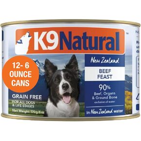 K9 Natural Wet Dog Food Pate, Beef Feast, 6 Oz Cans (Pack of 12), Grain Free, Made in New Zealand with Grass-Fed & Finished Beef, Single Source, Limited Ingredient