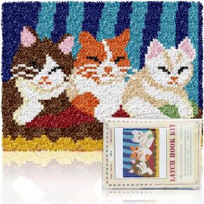 ORIGACH Cat Latch Hook Rug Kit for Adults DIY Needlework Cover Printed Rug Making Kit Handmade Carpet Tapestry Cushion with Hook Latch and Preprinted Canvas, Home Arts Crafts Sofa Decor, 20.5x15inch