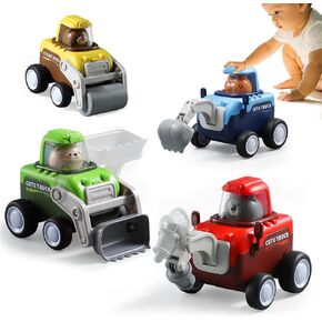 4-Pack Construction Toy Trucks for Toddlers 1-3 - Press & Go Cars with Bulldozer, Excavator, Racing & Sand Trucks - Toddler Car Toys for Boys & Girls, Durable Vehicle Play Set for Kids