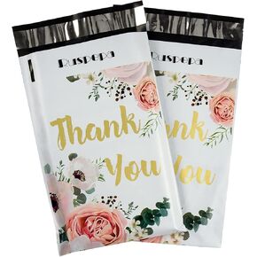 RUSPEPA 6x9 inches Poly Mailers Shipping Bags Thank You Notes Flowers Surrounded White Poly Mailers 2.3 Mil Heavy Duty Self Seal Mailing Envelopes - 100 Pack