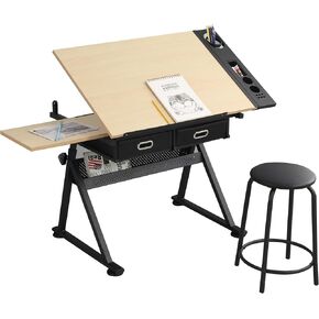 Height Adjustable Drafting Table,0-75° Art Craft Desk Drawing Table Artist Desk Tilting Tabletop Watercolor Paintings Sketching Work Station w/2 Storage Drawers and Stool for Home Office Oak