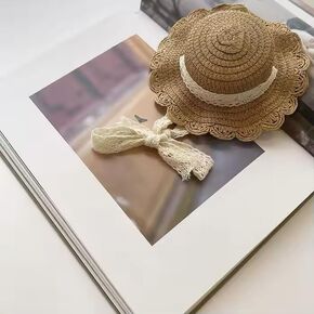 Hat Straw Sun Hat - الدانتيل - قبعة الشاطئ الصيفية المقطوعة مع القوس ، قبعة حماية من أشعة الشمس القابلة للتعديل للكلاب الصغيرة والقطط (الحجم M ، الكاكي)