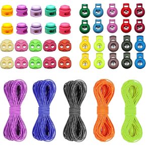 40pcs Plastic Cord Locks with 1/8-Inch 65ft Elastic Cord Stretch String for Drawstring, Shoelaces, Clothing, Backpack, Bags (Multicolor Cord Locks & Multicolor Elastic Cord)